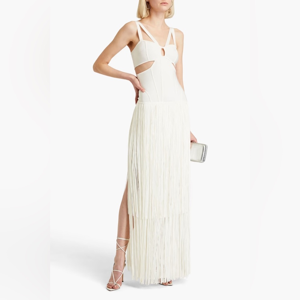 HERVÉ LÉGER WHITE STRAPPY FRINGE GOWN WITH CUT OUT